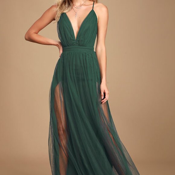 Lulus Rare Beauty Hunter Green Tulle Backless Maxi Dress - Size XL - Picture 1 of 3